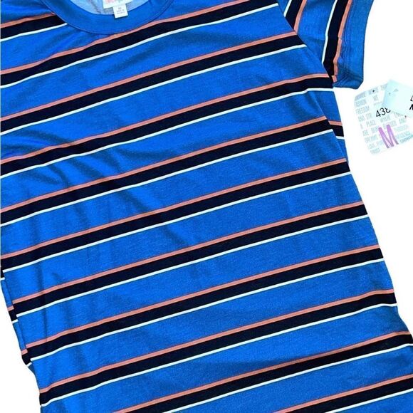 LuLaRoe Medium Liv Tee • Blue Shirt With Stripes • Very Short Sleeves • BNWT - Picture 5 of 14